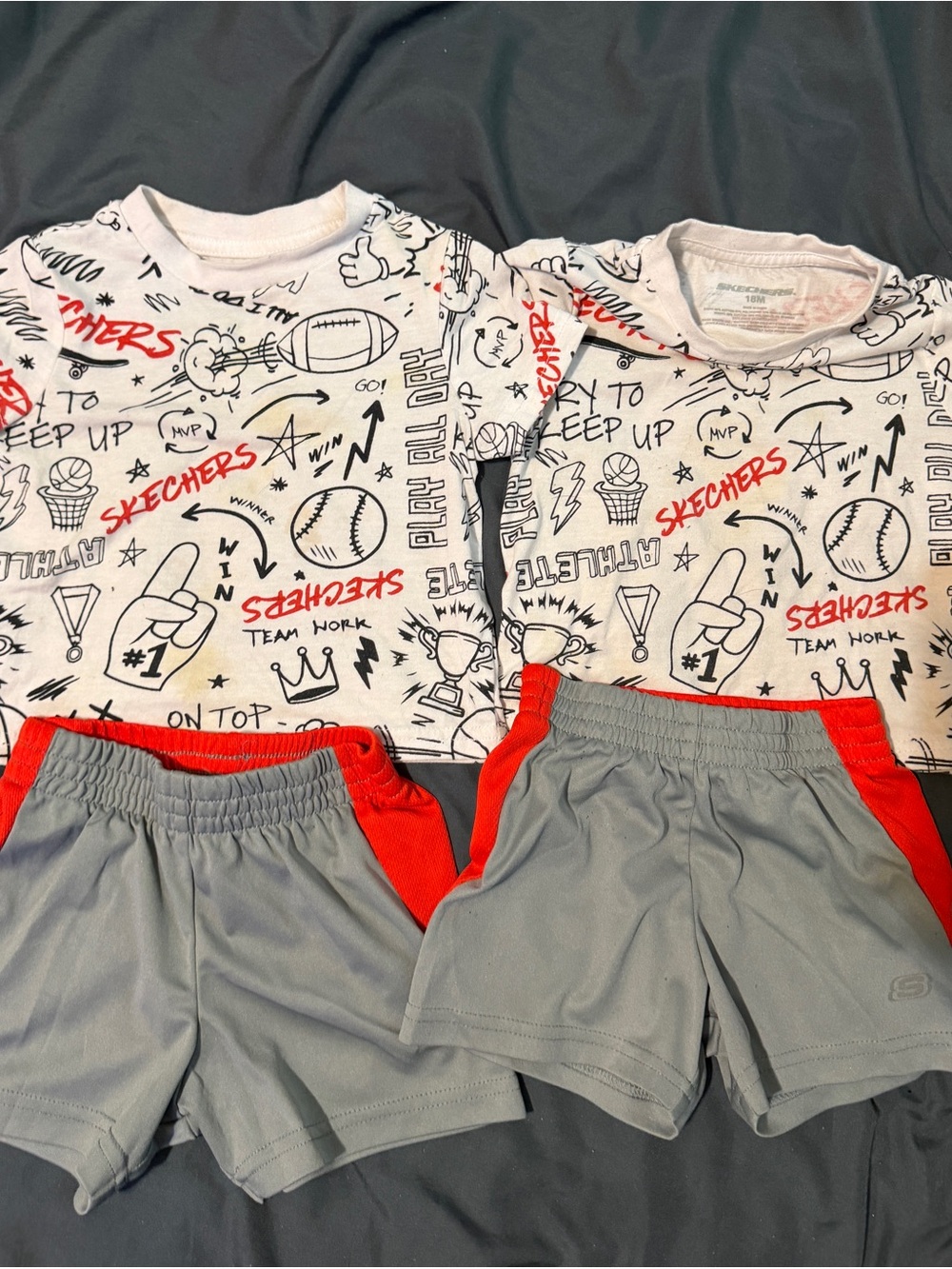 2 outfits Skechers White Graphic Tee Gray Shorts Matching Set with Red Accents